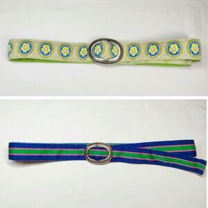 Lot of 2 Eliza B Colorful Reversible Striped Floral Ribbon Belt Silver Buckle OS